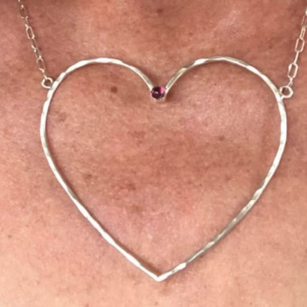 Large Sterling Silver Heart with Rhodolite Garnet 3” x 2” adjustable 15” x 18”